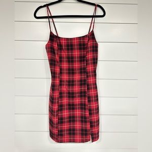 Red plaid mini zip up dress.